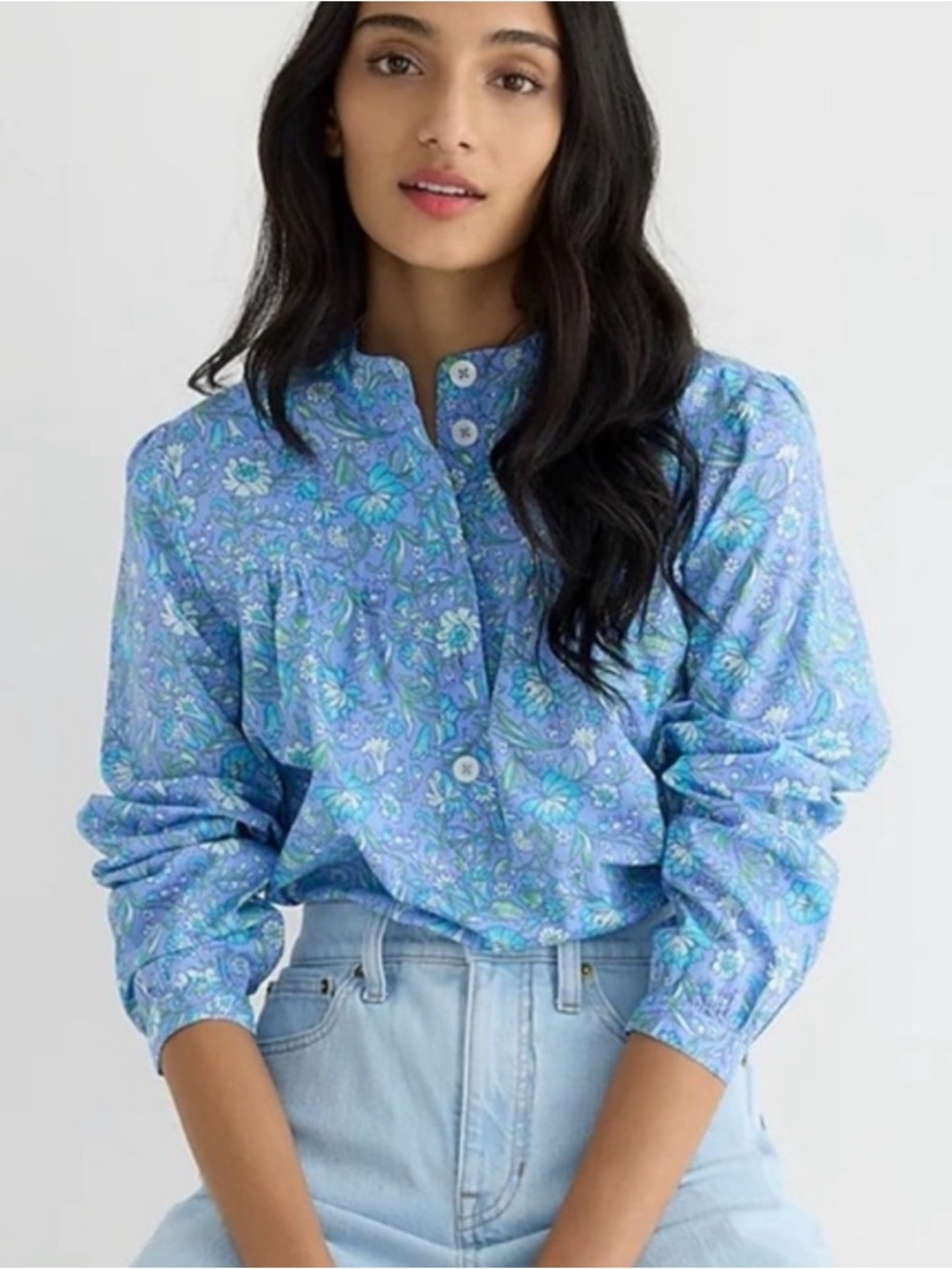 J. Crew Fresco Floral Poplin Blouse 100% Cotton Blue 2023 Size S